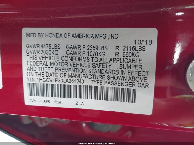 Продажа на аукционе авто 2018 Honda Accord Sport, vin: 1HGCV1F33JA261240, номер лота: 45229396