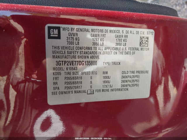 Aukcja sprzedaży 2013 Gmc Sierra 1500 Sle, vin: 3GTP2VE77DG135800, numer aukcji: 45229398