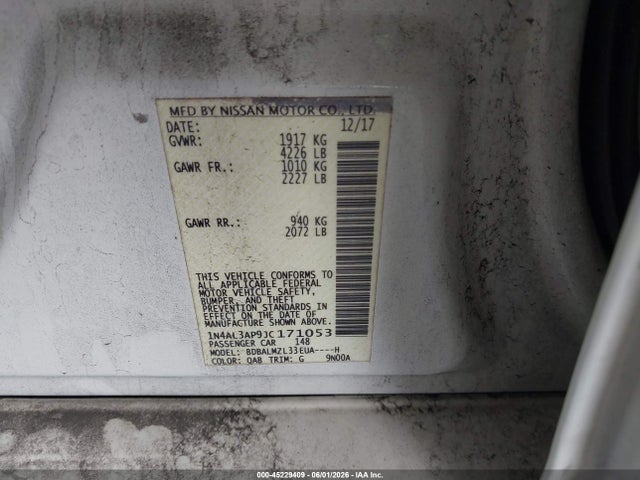 45229409 :رقم المزاد ، 1N4AL3AP9JC171053 vin ، 2018 Nissan Altima 2.5 Sv مزاد بيع
