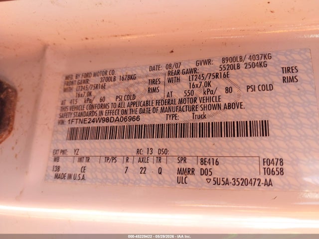 Продаж на аукціоні авто 2008 Ford E-250 Commercial/recreational, vin: 1FTNE24W98DA06966, номер лоту: 45229422