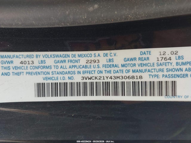 2003 Volkswagen New Beetle Gls მანქანა იყიდება აუქციონზე, vin: 3VWCK21Y43M306818, აუქციონის ნომერი: 45229424