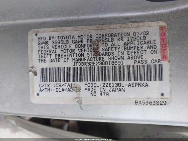 2003 Toyota Corolla Le მანქანა იყიდება აუქციონზე, vin: JTDBR32E230018691, აუქციონის ნომერი: 45229426
