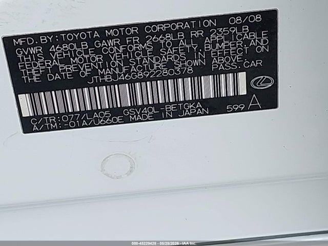 45229428 :رقم المزاد ، JTHBJ46G892280378 vin ، 2009 Lexus Es 350 مزاد بيع
