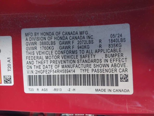 Honda Civic Sport 2024 2HGFE2F54RH589414 Image 9