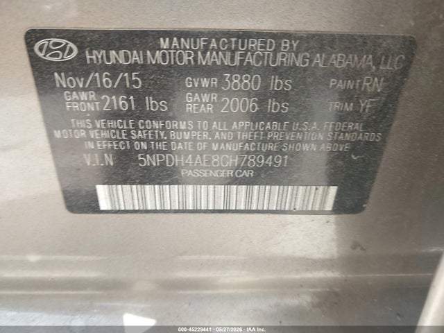 Aukcja sprzedaży 2016 Hyundai Elantra Se, vin: 5NPDH4AE8GH789491, numer aukcji: 45229441