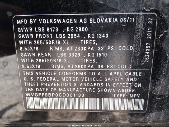 Продаж на аукціоні авто 2012 Volkswagen Touareg Vr6 Lux, vin: WVGFF9BP0CD001133, номер лоту: 45229445
