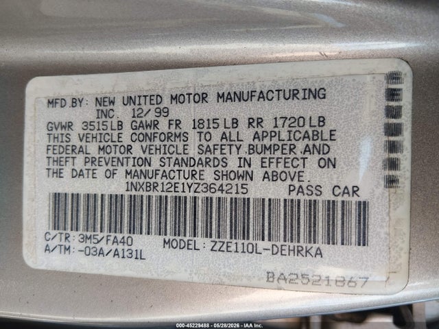 Auction sale of the 2000 Toyota Corolla Ve, vin: 1NXBR12E1YZ364215, lot number: 45229488