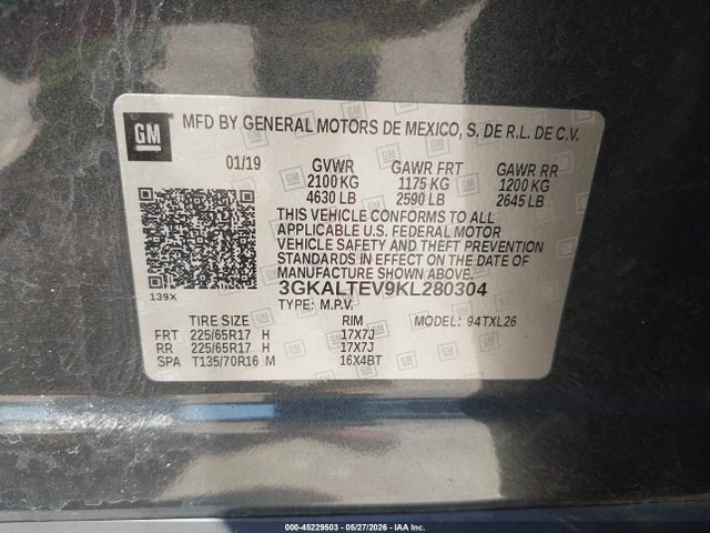 45229503 :رقم المزاد ، 3GKALTEV9KL280304 vin ، 2019 Gmc Terrain Sle مزاد بيع