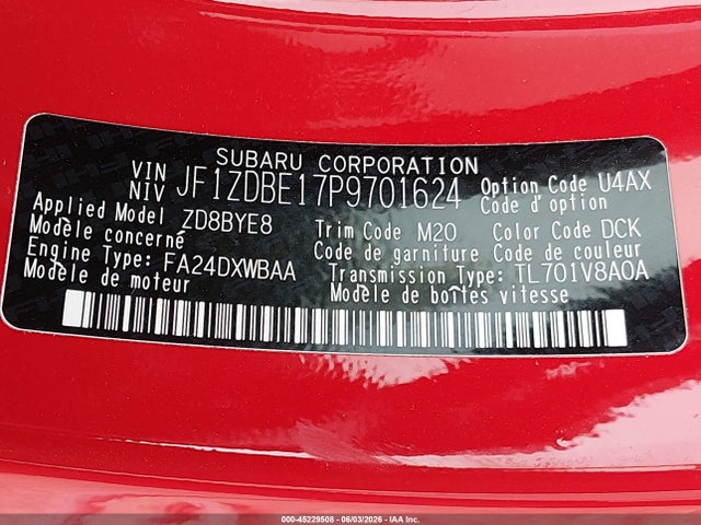 2023 Subaru Brz Limited მანქანა იყიდება აუქციონზე, vin: JF1ZDBE17P9701624, აუქციონის ნომერი: 45229508