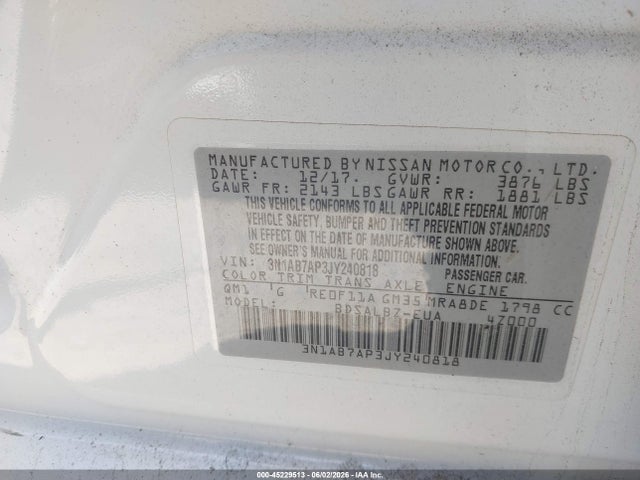 45229513 :رقم المزاد ، 3N1AB7AP3JY240818 vin ، 2018 Nissan Sentra S مزاد بيع