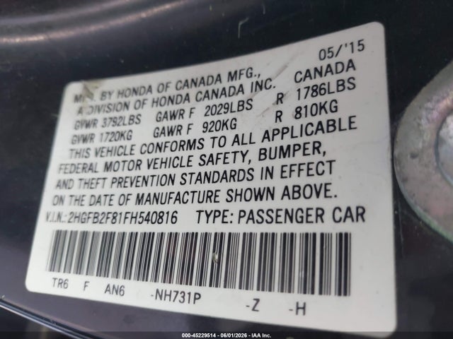 Honda CIVIC EX 2015 2HGFB2F81FH540816 Image 9
