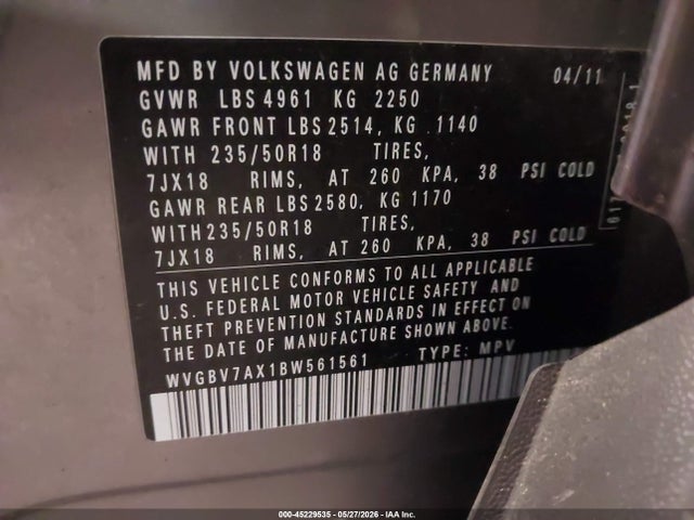 Продаж на аукціоні авто 2011 Volkswagen Tiguan Se, vin: WVGBV7AX1BW561561, номер лоту: 45229535