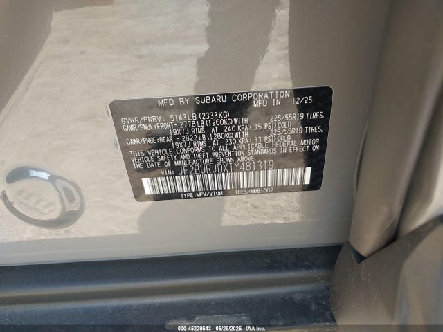 Aukcja sprzedaży 2026 Subaru Outback Touring Xt, vin: JF2BURJDXTY481319, numer aukcji: 45229543