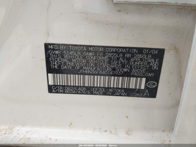 45229549 :رقم المزاد ، JTHBN36F840147937 vin ، 2004 Lexus Ls 430 مزاد بيع