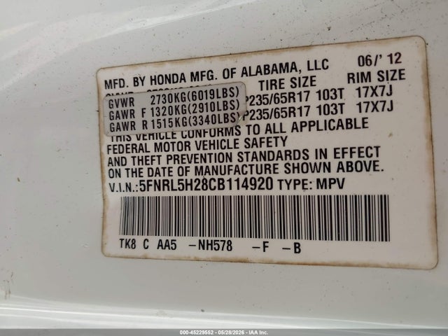 Aukcja sprzedaży 2012 Honda Odyssey Lx, vin: 5FNRL5H28CB114920, numer aukcji: 45229552