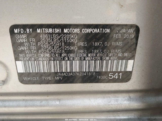 Aukcja sprzedaży 2019 Mitsubishi Outlander Se, vin: JA4AD3A37KZ041818, numer aukcji: 45229562