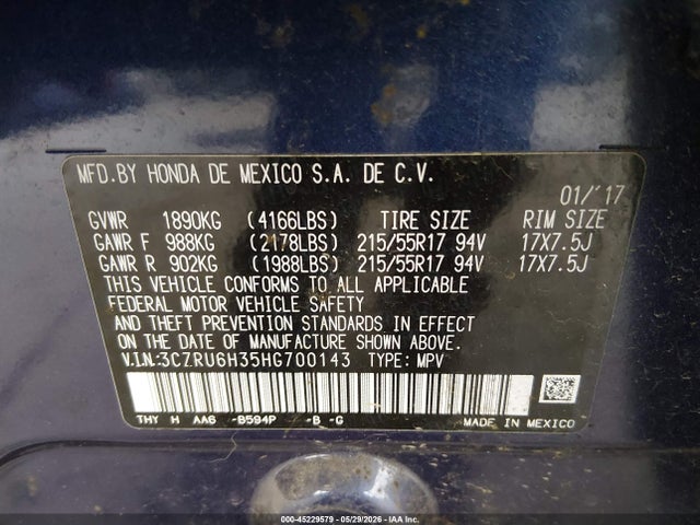 45229579 :رقم المزاد ، 3CZRU6H35HG700143 vin ، 2017 Honda Hr-v Lx مزاد بيع