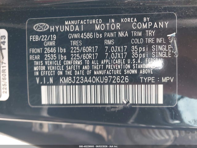 Aukcja sprzedaży 2019 Hyundai Tucson Se, vin: KM8J23A40KU972626, numer aukcji: 45229585