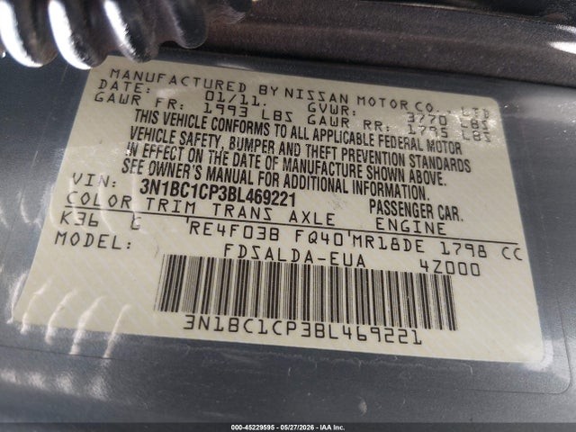 2011 Nissan Versa 1.8s მანქანა იყიდება აუქციონზე, vin: 3N1BC1CP3BL469221, აუქციონის ნომერი: 45229595