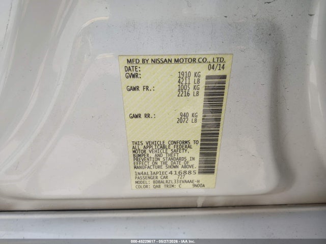 Auction sale of the 2014 Nissan Altima 2.5 S, vin: 1N4AL3AP1EC416885, lot number: 45229617