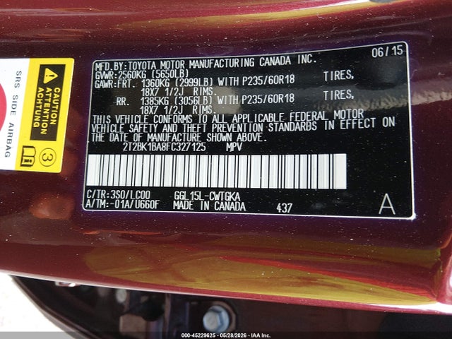 45229625 :رقم المزاد ، 2T2BK1BA8FC327125 vin ، 2015 Lexus Rx 350 مزاد بيع