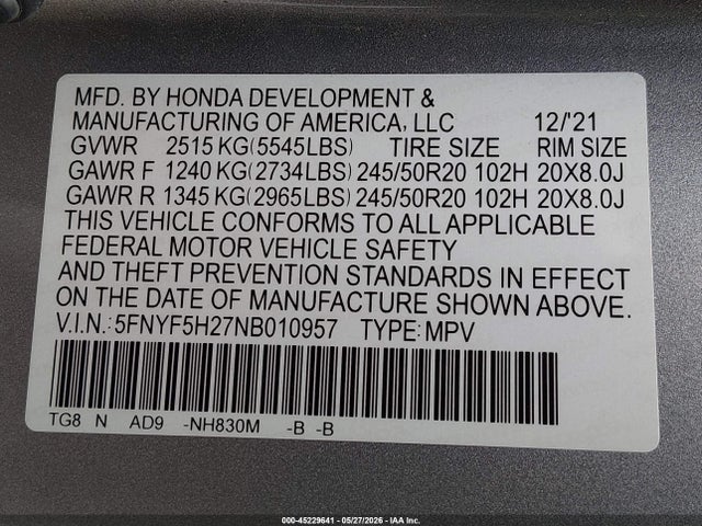 Aukcja sprzedaży 2022 Honda Pilot 2wd Special Edition, vin: 5FNYF5H27NB010957, numer aukcji: 45229641
