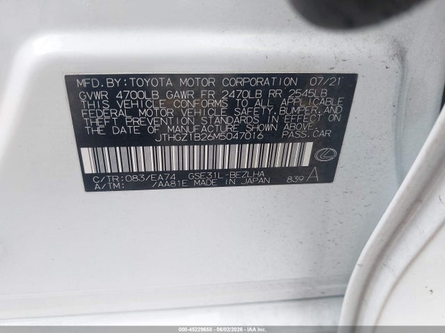 2021 Lexus Is 350 F Sport მანქანა იყიდება აუქციონზე, vin: JTHGZ1B26M5047016, აუქციონის ნომერი: 45229658