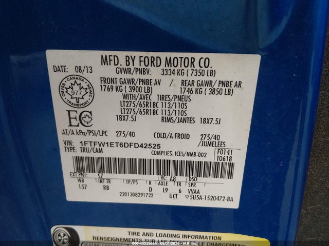 45229664 :رقم المزاد ، 1FTFW1ET6DFD42525 vin ، 2013 Ford F-150 Fx4 مزاد بيع