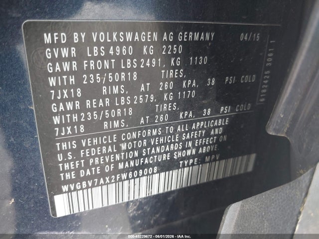 45229672 :رقم المزاد ، WVGBV7AX2FW609008 vin ، 2015 Volkswagen Tiguan Se مزاد بيع