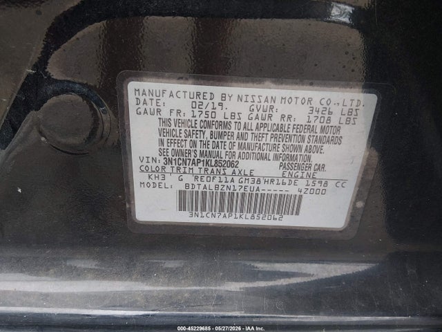 Aukcja sprzedaży 2019 Nissan Versa 1.6 Sv, vin: 3N1CN7AP1KL852062, numer aukcji: 45229685