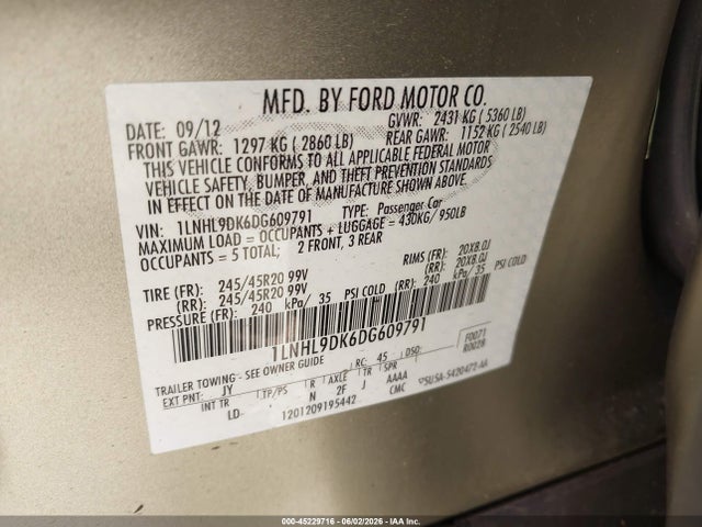 Aukcja sprzedaży 2013 Lincoln Mks, vin: 1LNHL9DK6DG609791, numer aukcji: 45229716