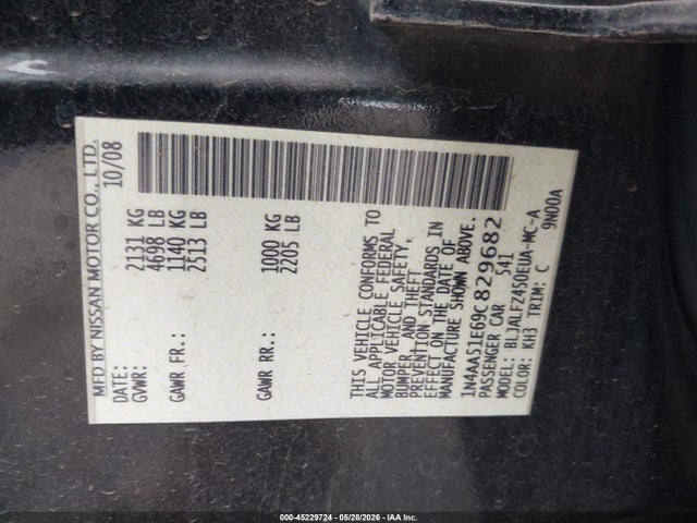 2009 Nissan Maxima 3.5 Sv მანქანა იყიდება აუქციონზე, vin: 1N4AA51E69C829682, აუქციონის ნომერი: 45229724