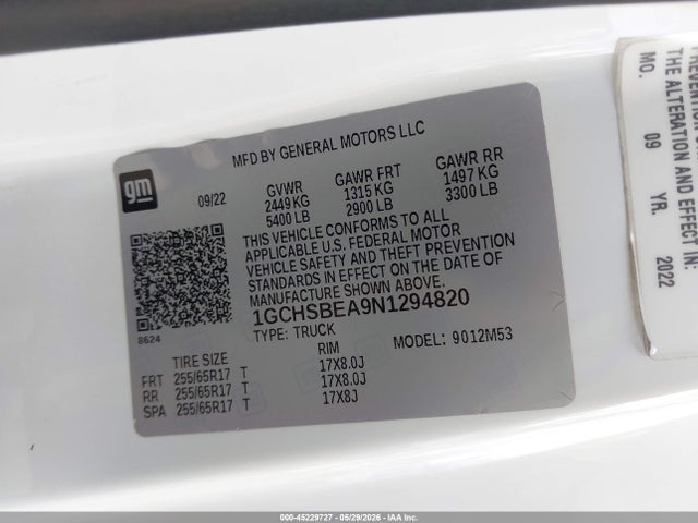 45229727 :رقم المزاد ، 1GCHSBEA9N1294820 vin ، 2022 Chevrolet Colorado 2wd  Long Box Wt مزاد بيع