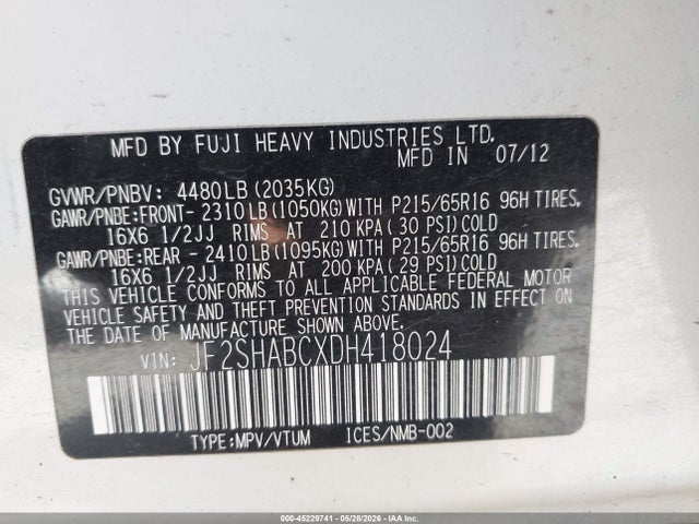 Продажа на аукционе авто 2013 Subaru Forester 2.5x, vin: JF2SHABCXDH418024, номер лота: 45229741