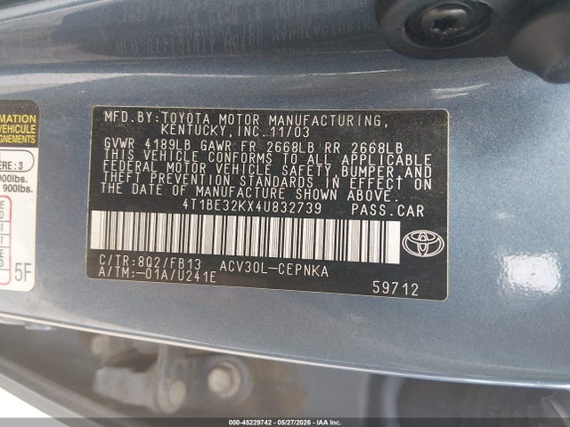 45229742 :رقم المزاد ، 4T1BE32KX4U832739 vin ، 2004 Toyota Camry Le مزاد بيع