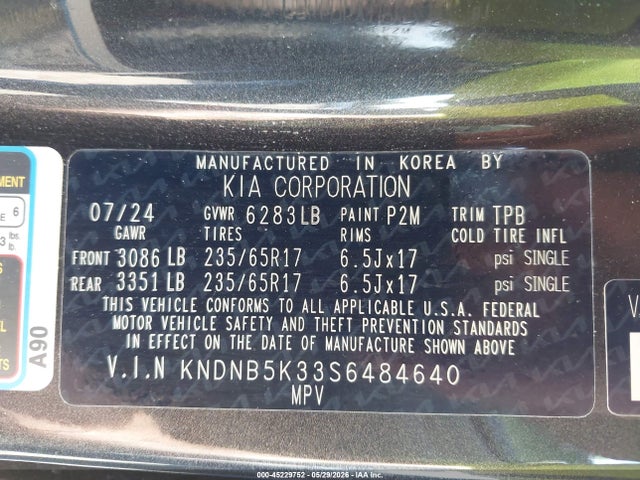 45229752 :رقم المزاد ، KNDNB5K33S6484640 vin ، 2025 Kia Carnival Mpv Lxs مزاد بيع