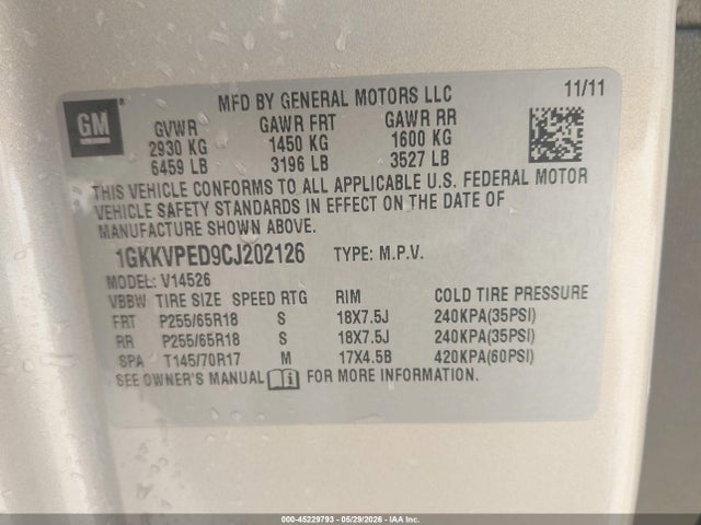 2012 Gmc Acadia Sle მანქანა იყიდება აუქციონზე, vin: 1GKKVPED9CJ202126, აუქციონის ნომერი: 45229793