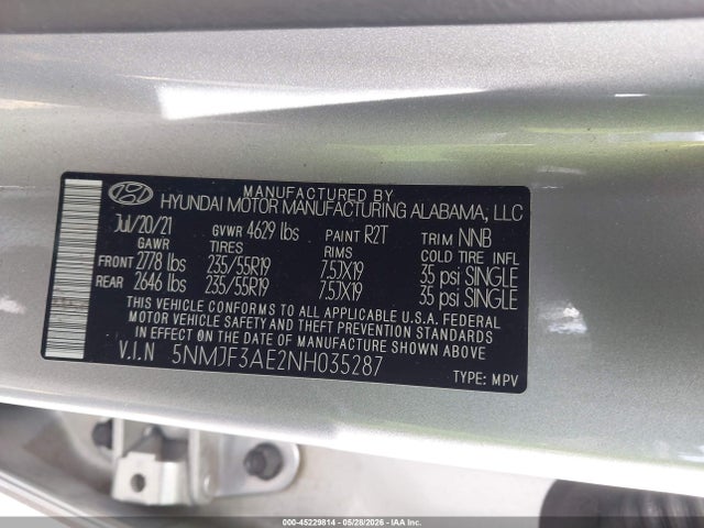 45229814 :رقم المزاد ، 5NMJF3AE2NH035287 vin ، 2022 Hyundai Tucson Sel مزاد بيع