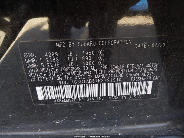 45229817 :رقم المزاد ، 4S3GTAB67P3721910 vin ، 2023 Subaru Impreza Base 5-door مزاد بيع
