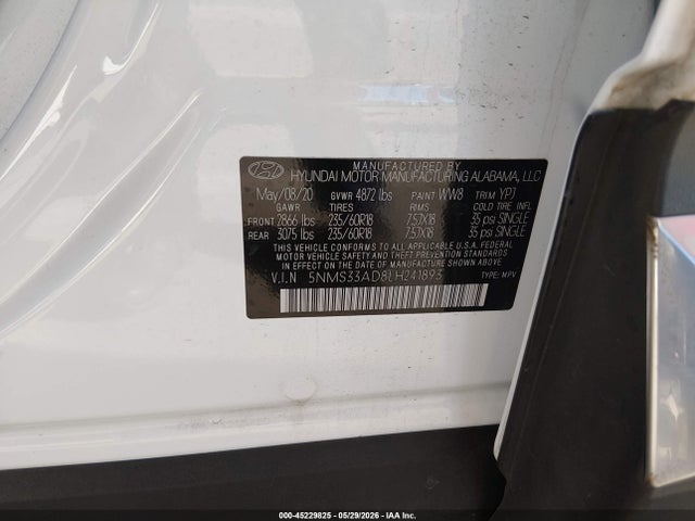 Aukcja sprzedaży 2020 Hyundai Santa Fe Sel, vin: 5NMS33AD8LH241893, numer aukcji: 45229825