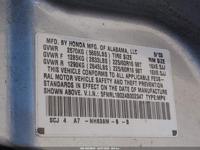 2004 Honda Odyssey Ex-l მანქანა იყიდება აუქციონზე, vin: 5FNRL18024B002347, აუქციონის ნომერი: 45229839