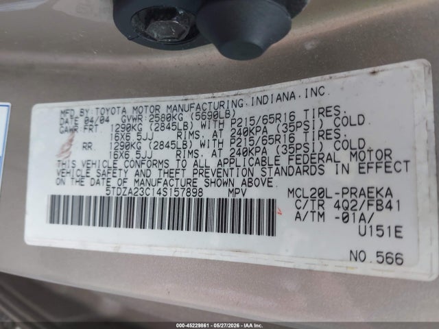2004 Toyota Sienna Le მანქანა იყიდება აუქციონზე, vin: 5TDZA23C14S157898, აუქციონის ნომერი: 45229861