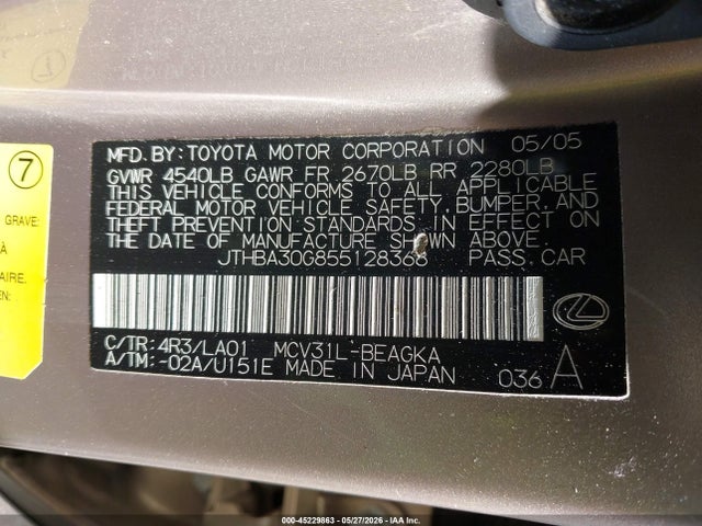 45229863 :رقم المزاد ، JTHBA30G855128368 vin ، 2005 Lexus Es 330 مزاد بيع