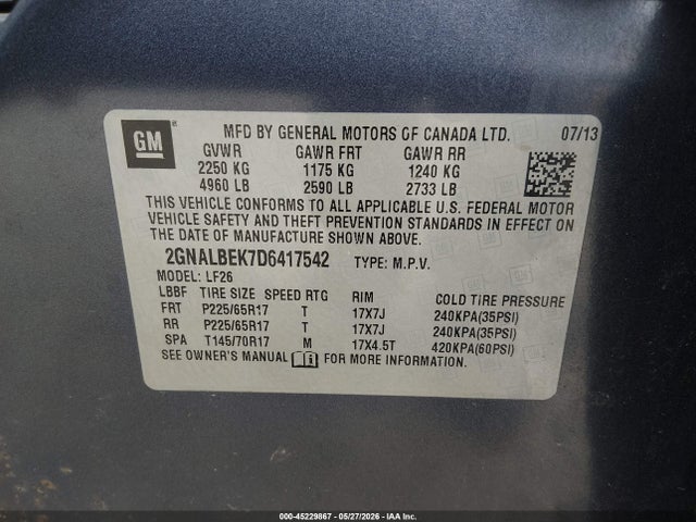45229867 :رقم المزاد ، 2GNALBEK7D6417542 vin ، 2013 Chevrolet Equinox Ls مزاد بيع