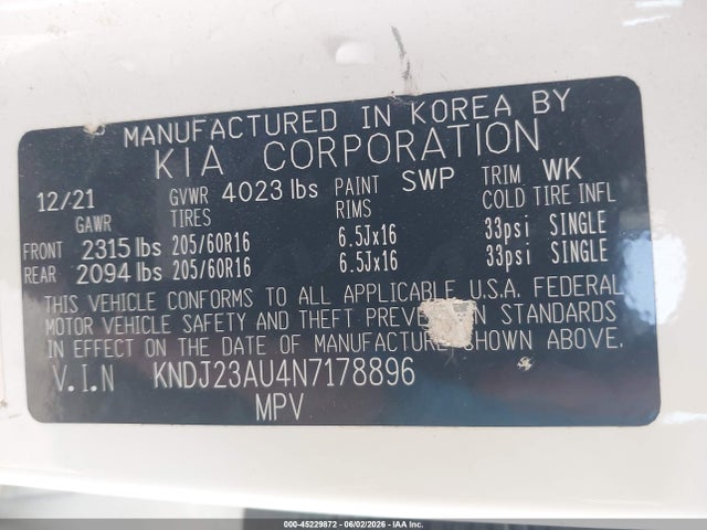 Aukcja sprzedaży 2022 Kia Soul Lx, vin: KNDJ23AU4N7178896, numer aukcji: 45229872