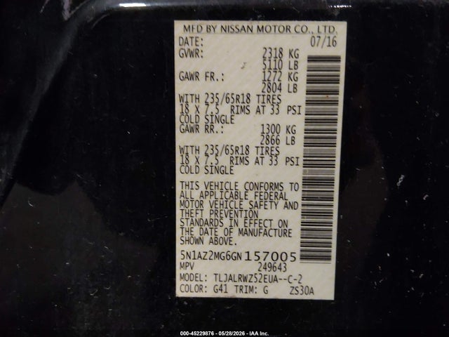 Aukcja sprzedaży 2016 Nissan Murano Sl, vin: 5N1AZ2MG6GN157005, numer aukcji: 45229876