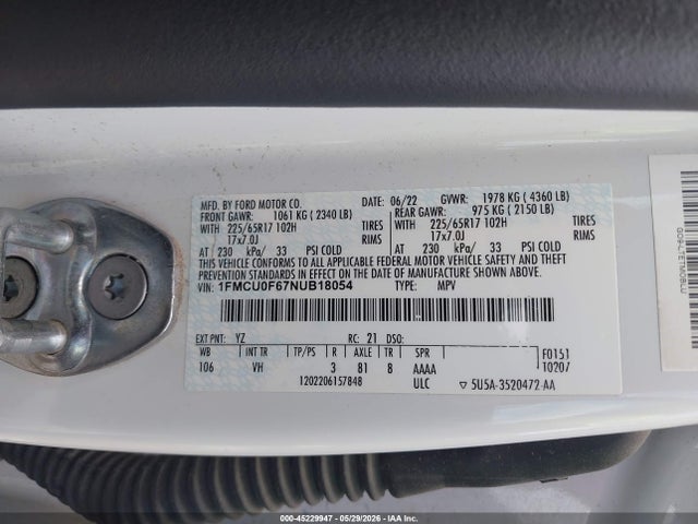 45229947 :رقم المزاد ، 1FMCU0F67NUB18054 vin ، 2022 Ford Escape S مزاد بيع