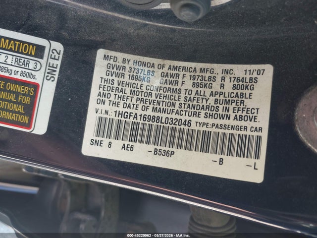 Продаж на аукціоні авто 2008 Honda Civic Ex-l, vin: 1HGFA16988L032046, номер лоту: 45229962