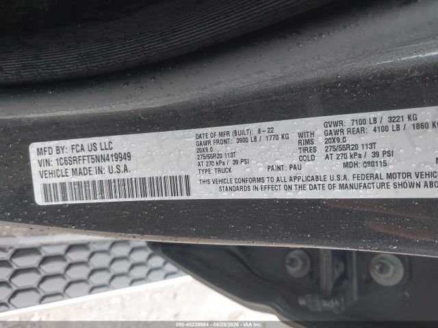 Продажа на аукционе авто 2022 Ram 1500 Big Horn  4x4 5'7 Box, vin: 1C6SRFFT5NN419949, номер лота: 45229964