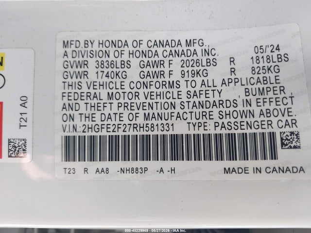 Honda Civic Lx 2024 2HGFE2F27RH581331 Image 9